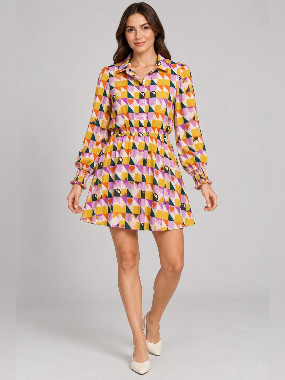 River Island Yellow Retro Geometric Long Sleeve Mini Dress Size 10 NWT